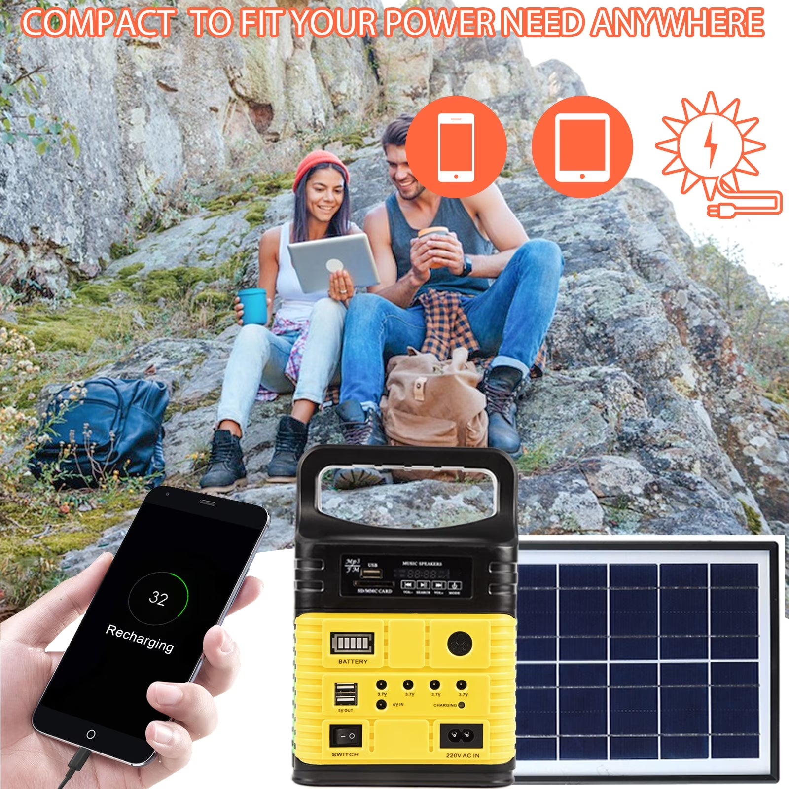 Portable Power Station,Solar Generator with Panels Included,Lifepo4 Lithium Battery Pack Small Solar Powered Generator with DC/USB Outlets,Led Flashlight for Home Use,Outdoor Camping Quiet(Yellow)