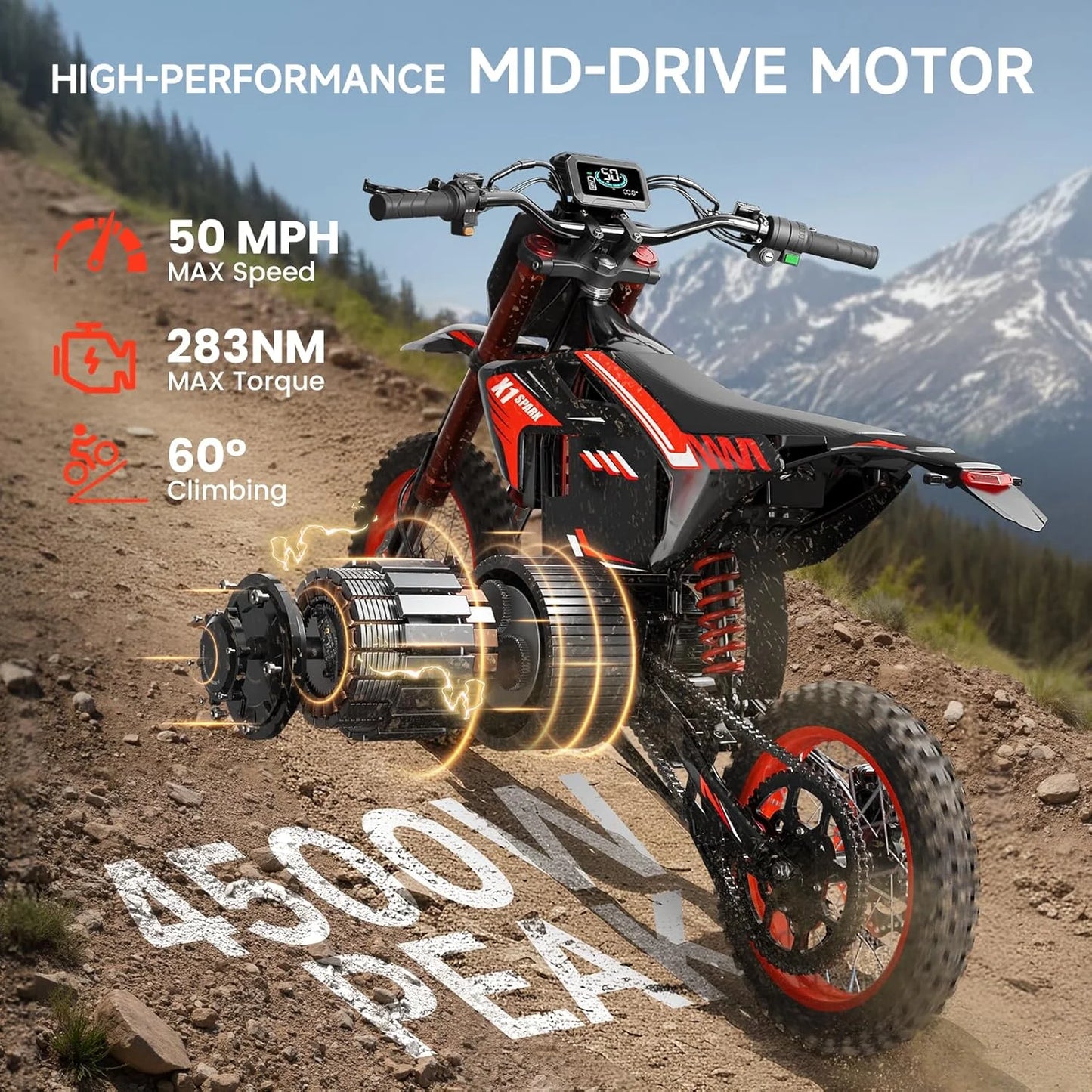Electric Dirt Bike for Teens Adults, 4500W Peak Ebike, 60V 28.8Ah with 50MPH & 60 Miles Electric Mountain Bikes, 14"/12" Off-Road Tire E-Bike, Dual Hydraulic Brakes, Full Suspension, UL2849 Compliant